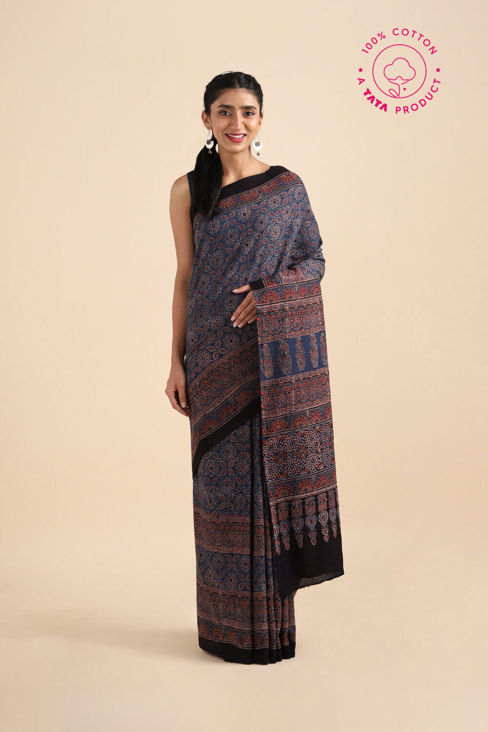 Blue Pure Cotton Ajrakh Printed Saree image number null