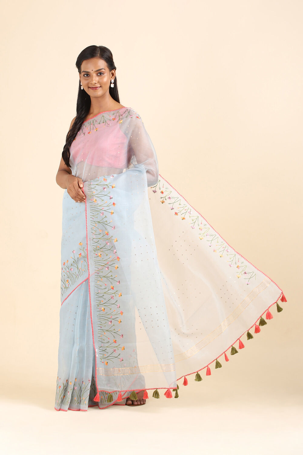 Light Blue Pure Organza Embroidered Saree image number null