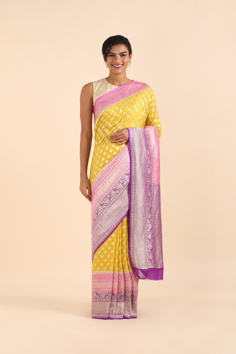 Yellow Pure Georgette Banarasi Saree image number null