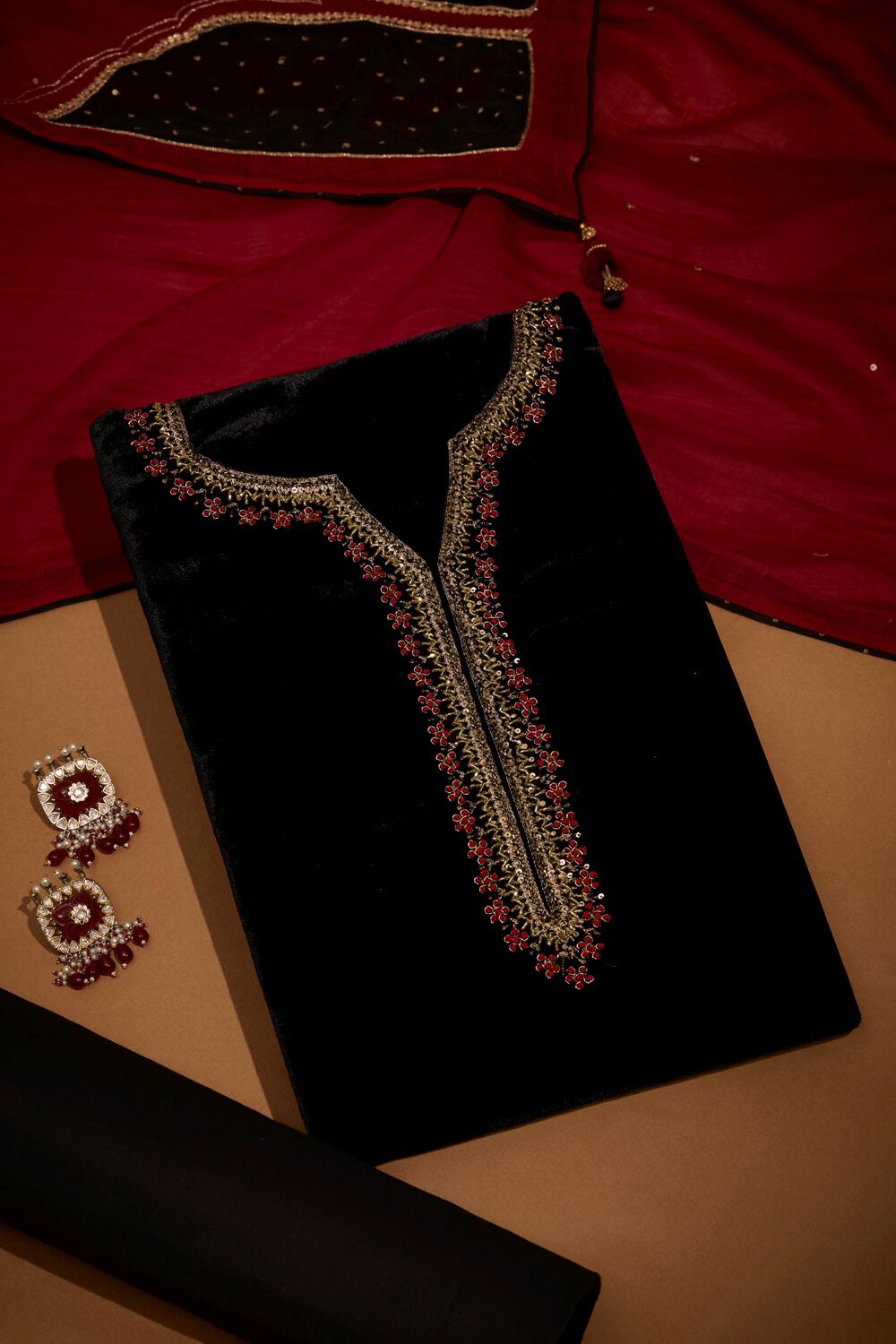 Black Velvet Embroidered Unstitched Suit Set image number null