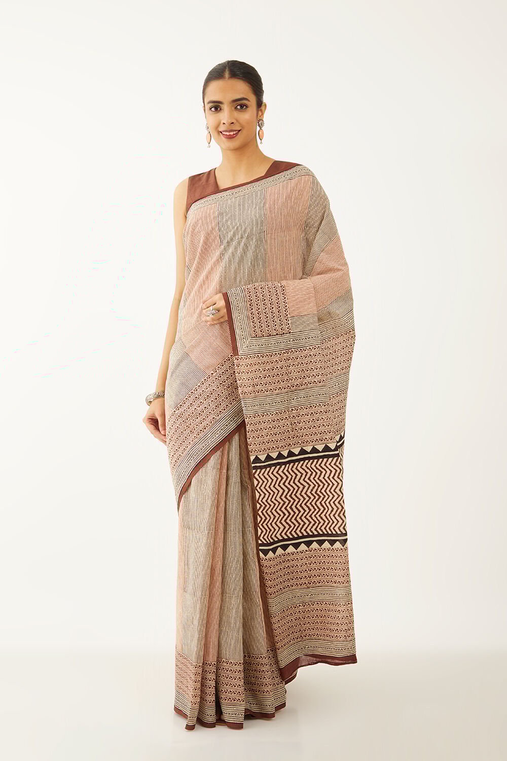 Brown Pure Cotton Block Print Bagru Saree image number null
