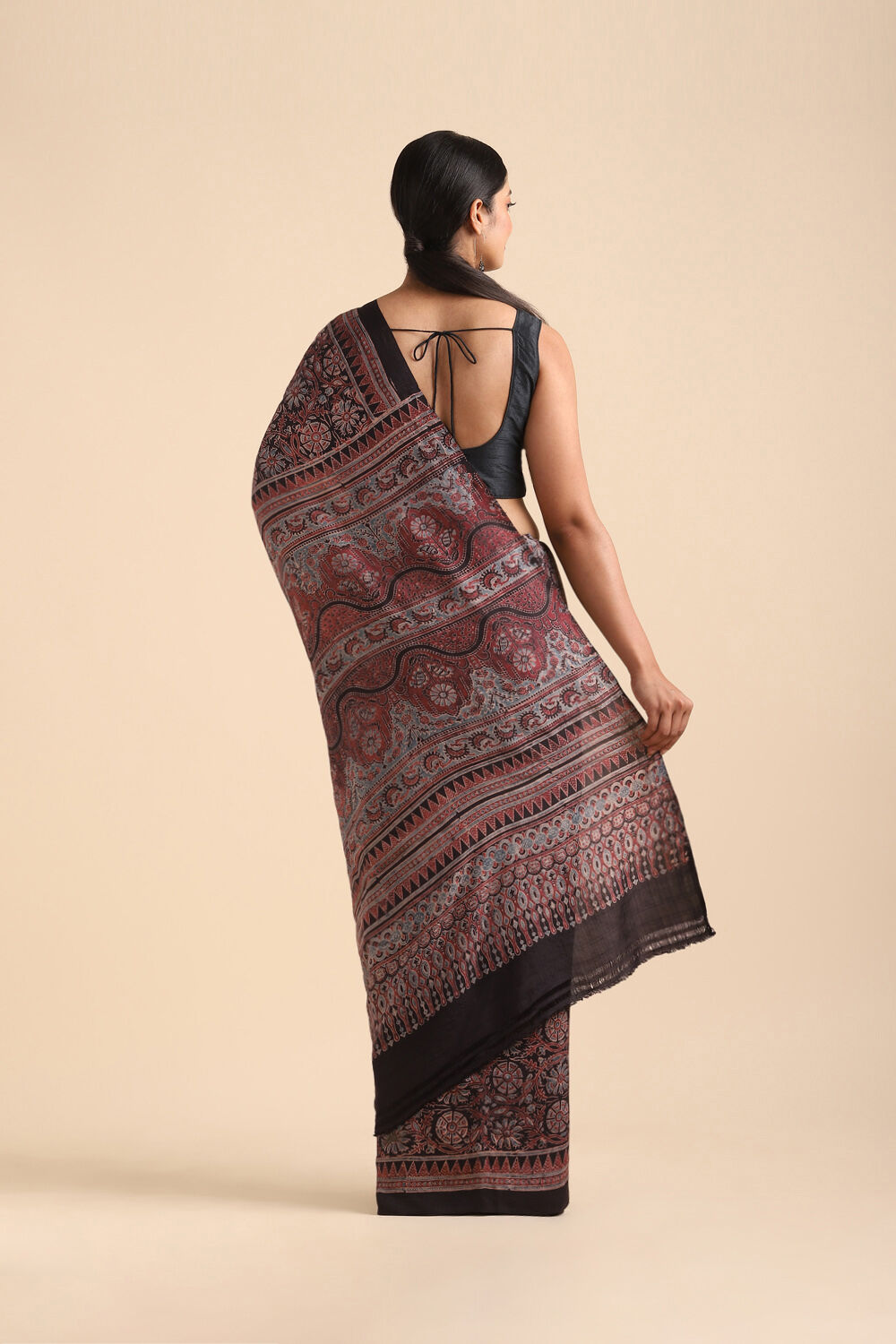 Black Pure Khadi Silk Ajrakh Printed Saree image number null
