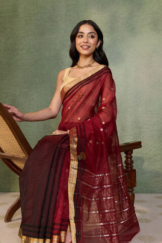 Dark Red Woven Pure Silk Cotton Chanderi Saree image number