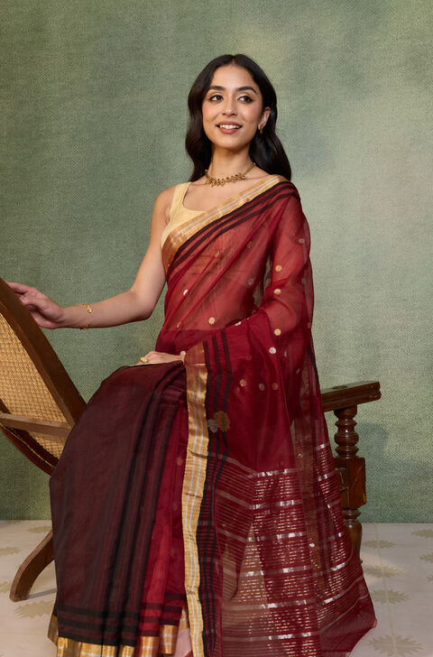 Dark Red Woven Pure Silk Cotton Chanderi Saree