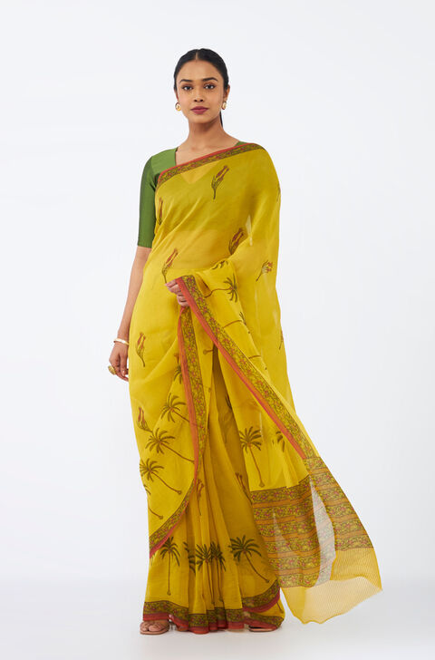 Yellow Viscose Organza Printed Saree