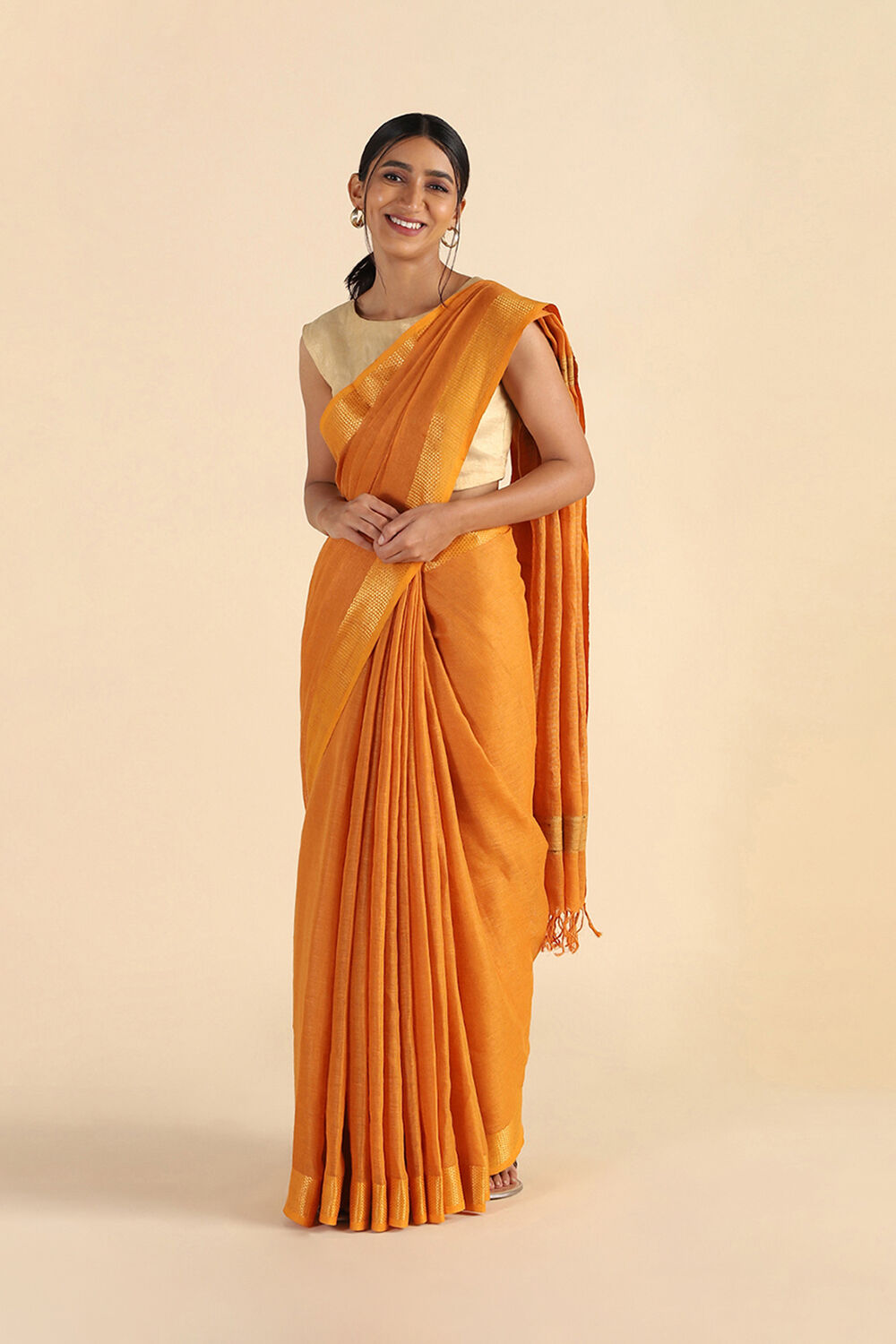 Orange Handwoven Bhagalpuri Pure Linen Saree image number null