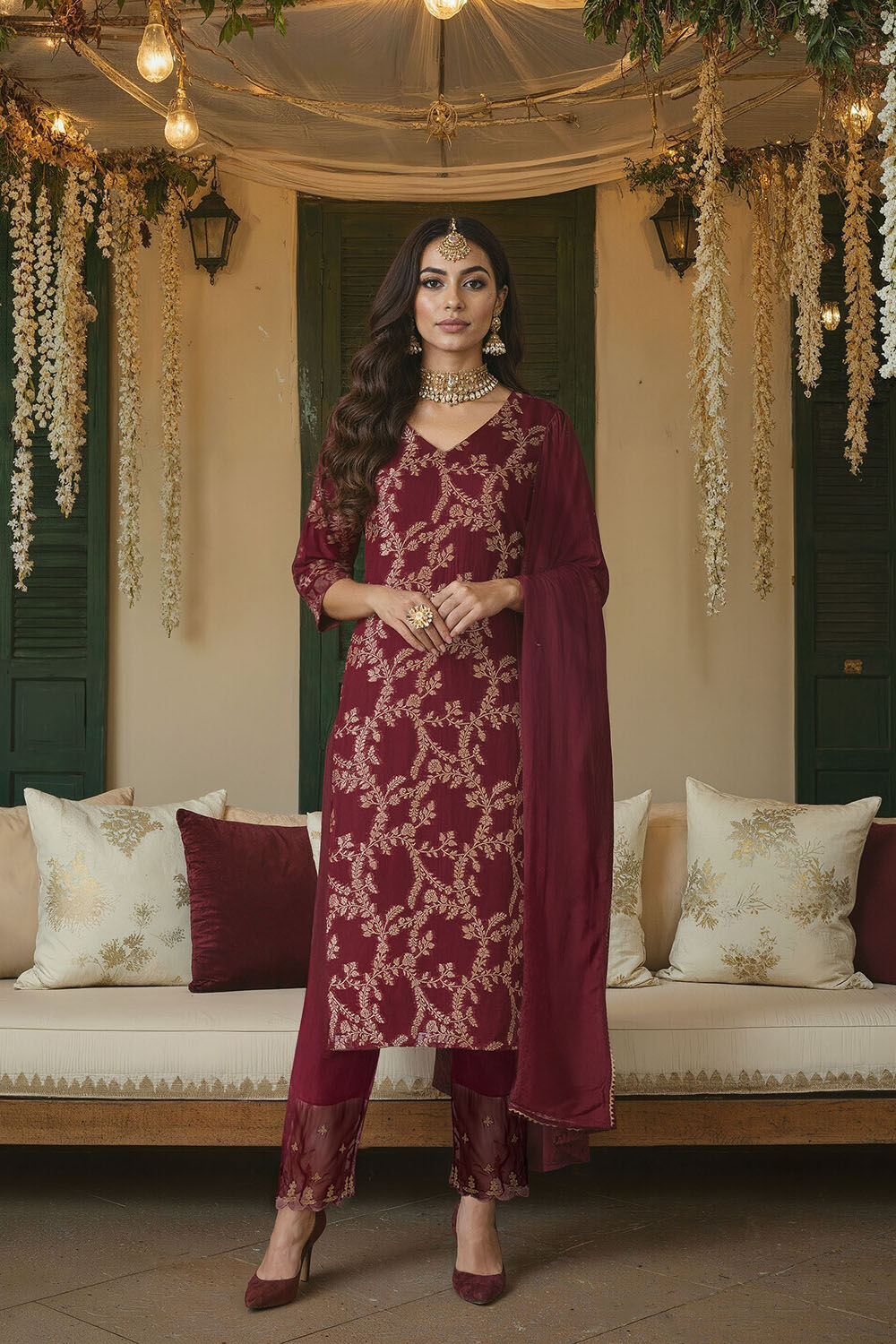 Dark Red Brocade Viscose Kurta Set image number null