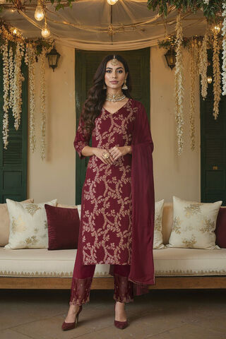 Dark Red Brocade Viscose Kurta Set image number