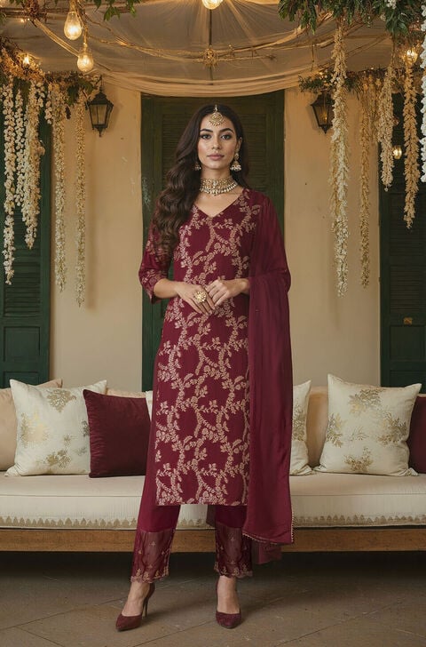 Dark Red Brocade Viscose Kurta Set