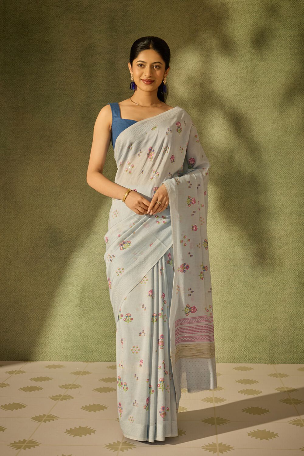 Light Blue Pure Silk Cotton Mukaish Saree image number null