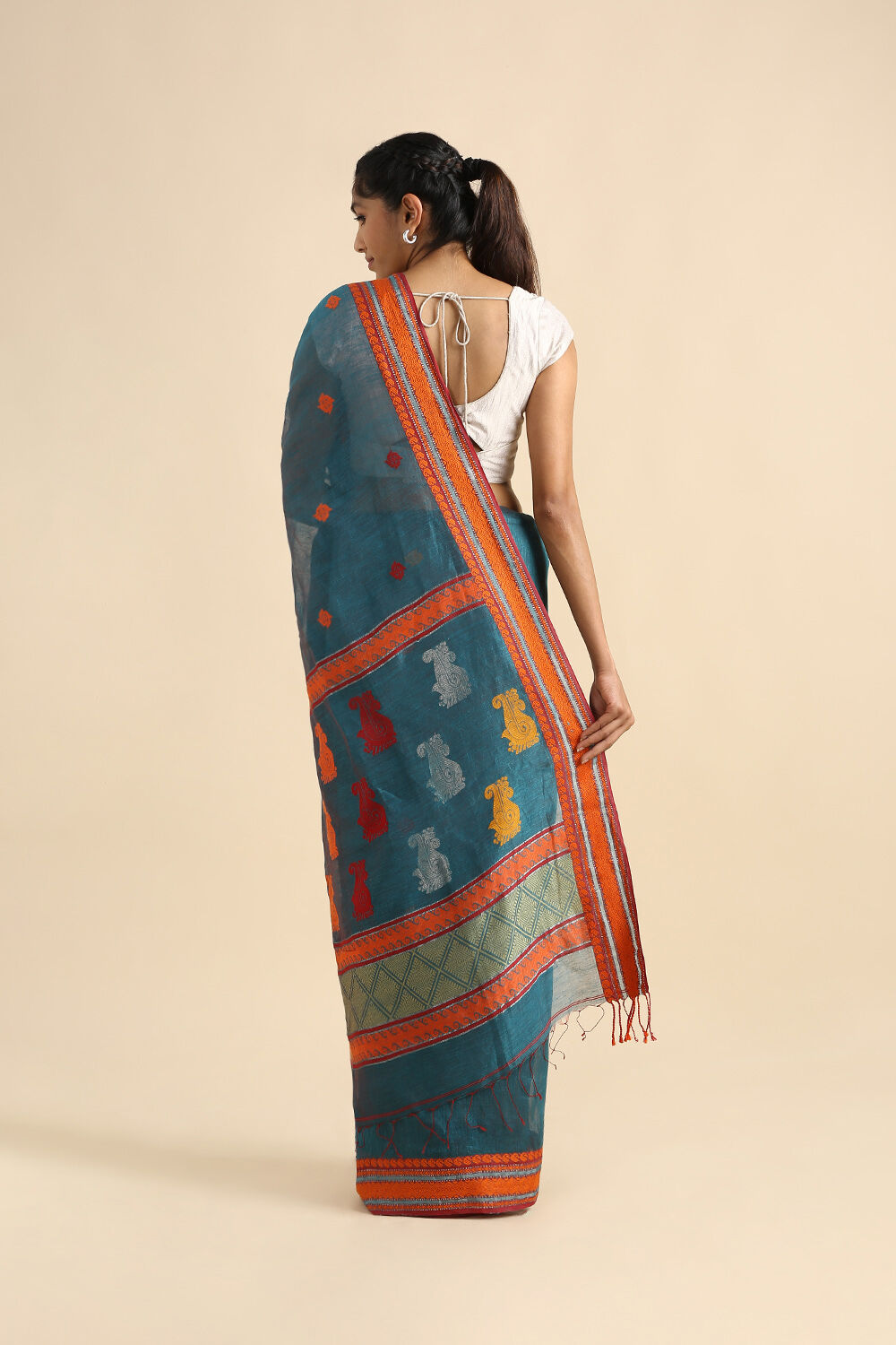 Green Pure Silk Linen Bengal Saree image number null