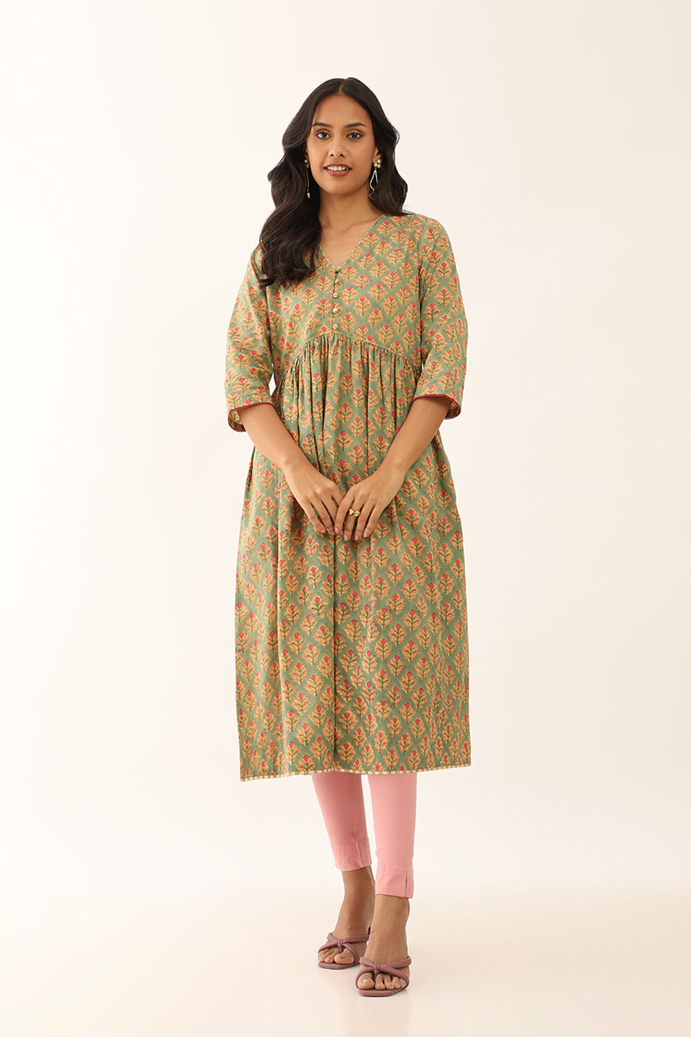 Green Pure Cotton Sanganeri Block Printed Kurta image number null