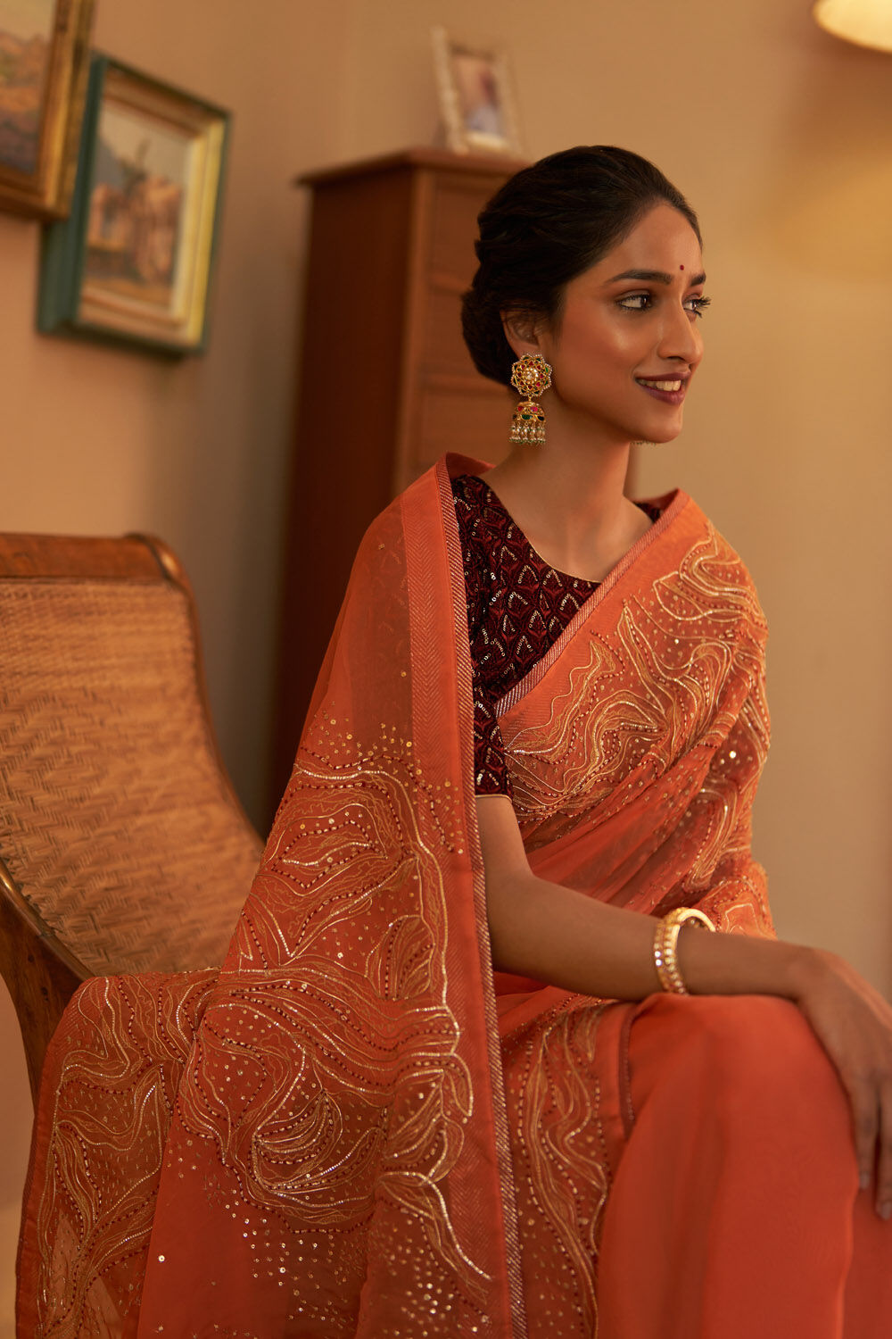Orange Silk Viscose Embroidery Saree image number null