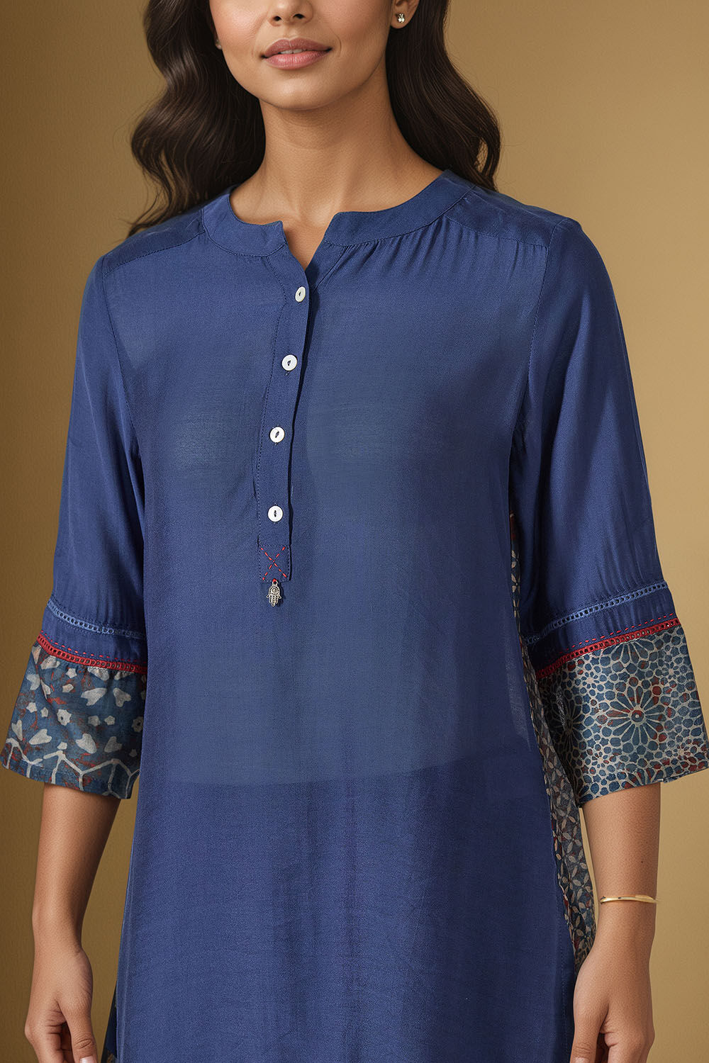 Blue Pure Silk Cotton Ajrakh Short Top image number null