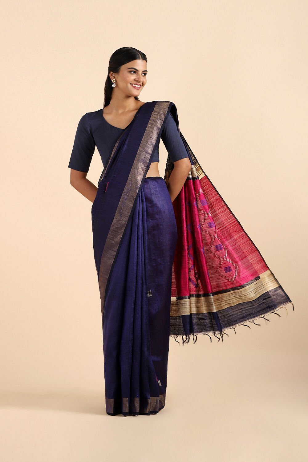 Dark Blue Pure Tussar Silk Bhagalpuri Saree image number null