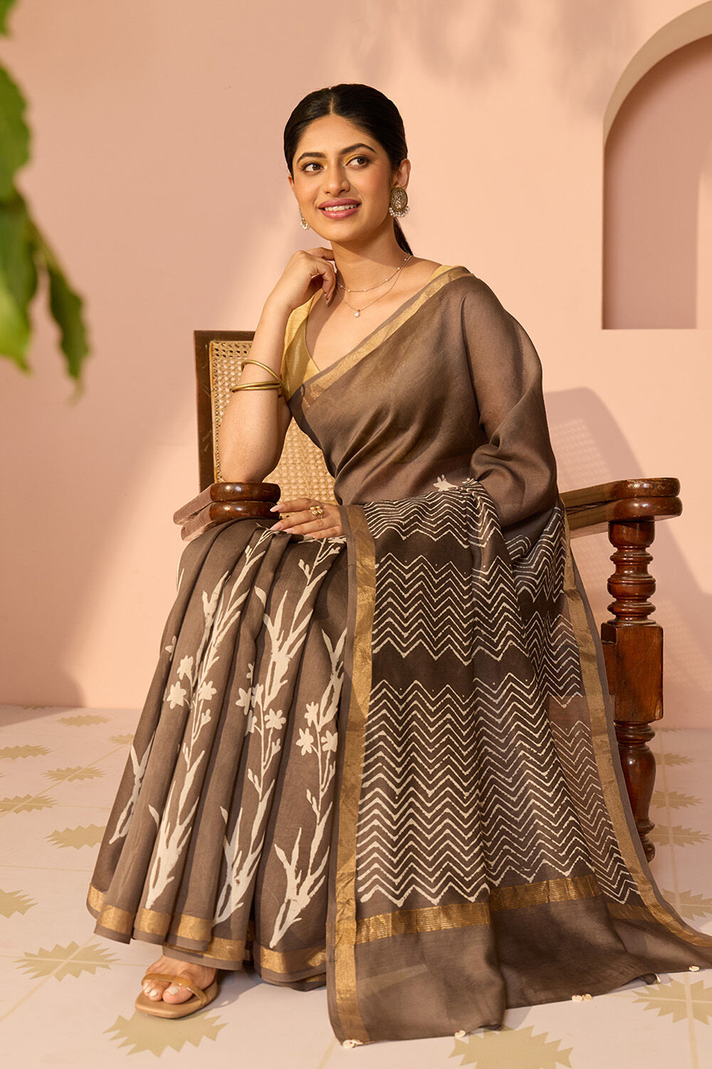 Grey Bagru Bagru Block Printed Pure Silk Cotton Saree image number null