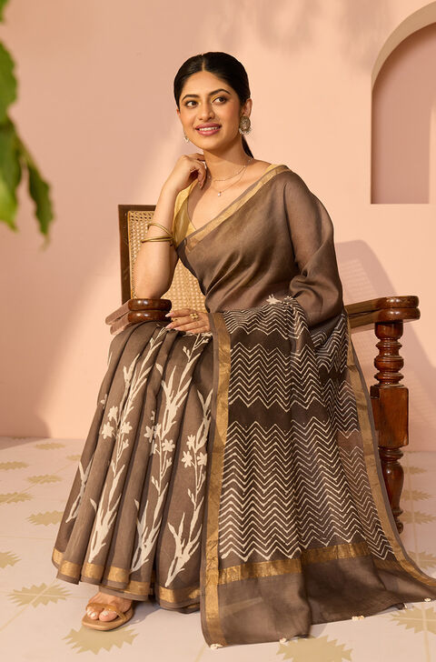 Grey Bagru Bagru Block Printed Pure Silk Cotton Saree