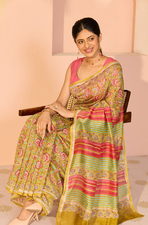 Green Rajasthan Pure Silk Cotton Printed Sanganeri Saree