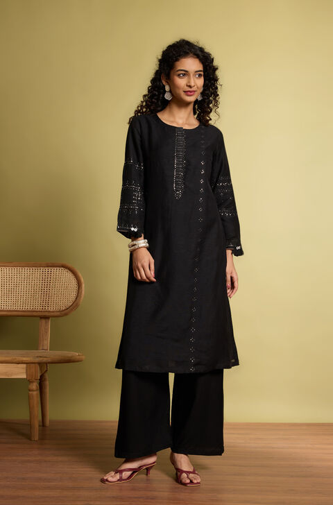 Black Viscose Mukaish Embroidery Kurta