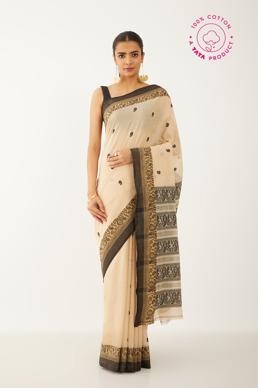 Beige Pure Cotton Woven Design Bengali Saree image number null
