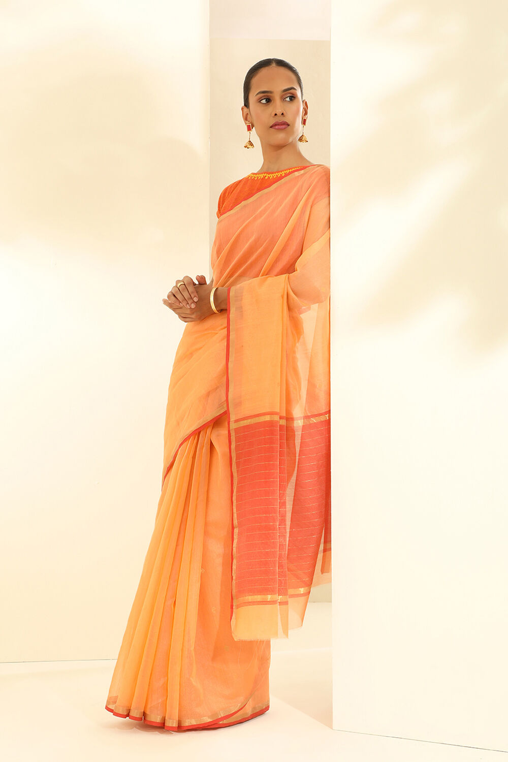 Light Orange Pure Silk Cotton Woven Chanderi Saree image number null