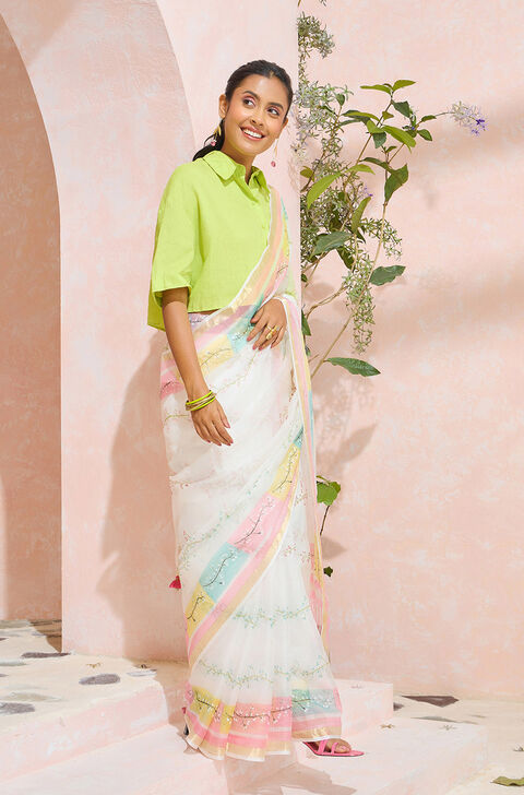 Off White Rajasthan Pure Silk Kota Printed Sanganeri Saree
