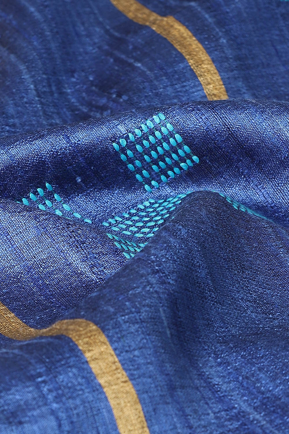 Dark Blue Pure Tussar Silk Bhagalpuri Saree image number null
