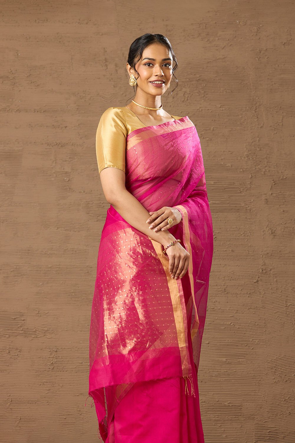 Pink Woven Pure Silk Cotton Bengal Saree image number null