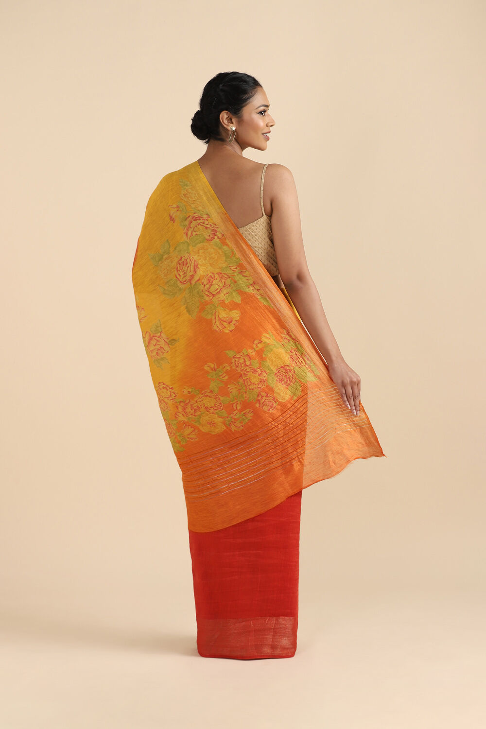 Yellow Pure Silk Linen Digital Printed Saree image number null