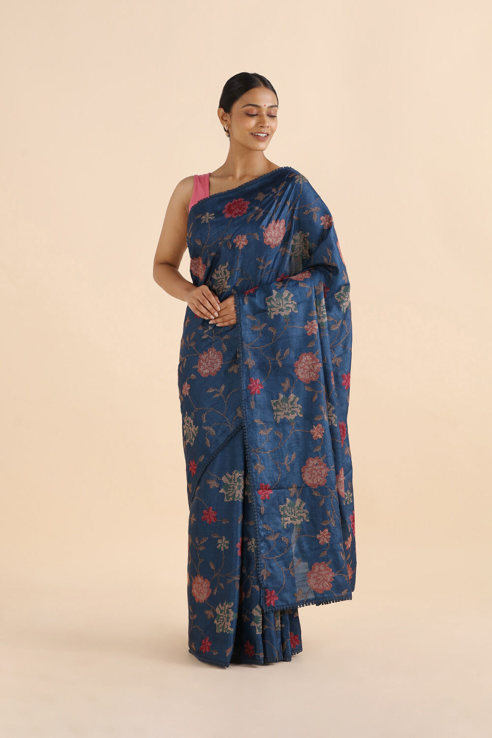 Blue Pure Tussar Embroidered Saree image number null