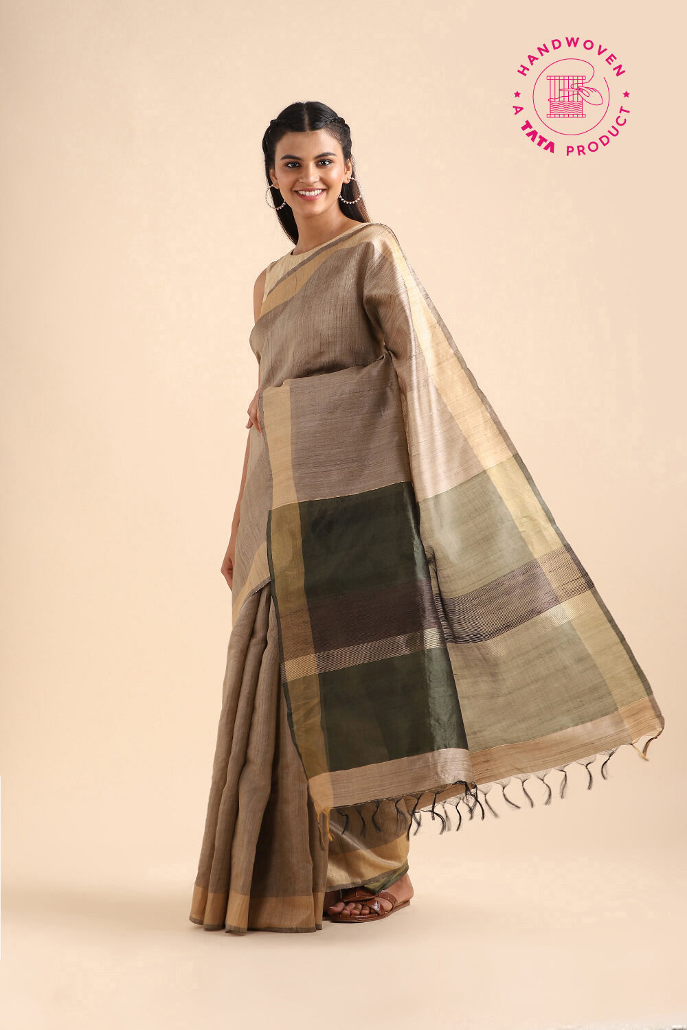Beige Pure Tussar Silk Bhagalpuri Saree image number null