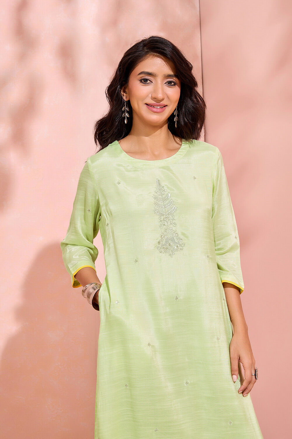 Light Green Viscose Embroidered Kurta image number null