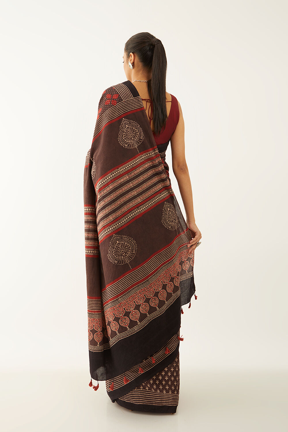 Maroon Pure Cotton Ajrakh Block Print Saree image number null