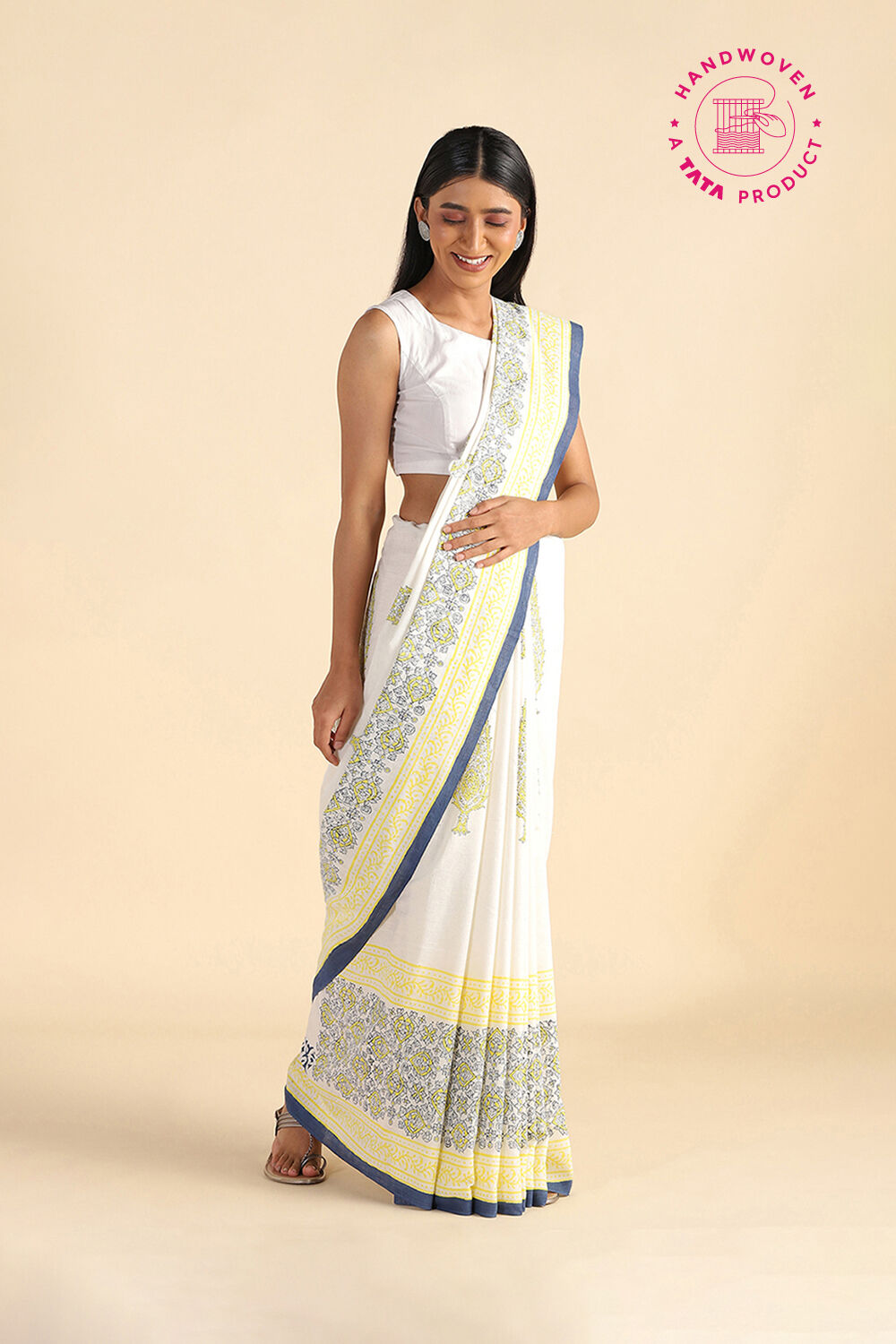 Light Yellow Pure Khadi Cotton Sanganeri Hand Blockprinted Saree image number null
