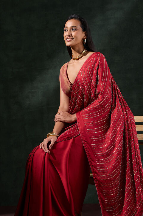 Red Viscose Georgette Embroidered Saree