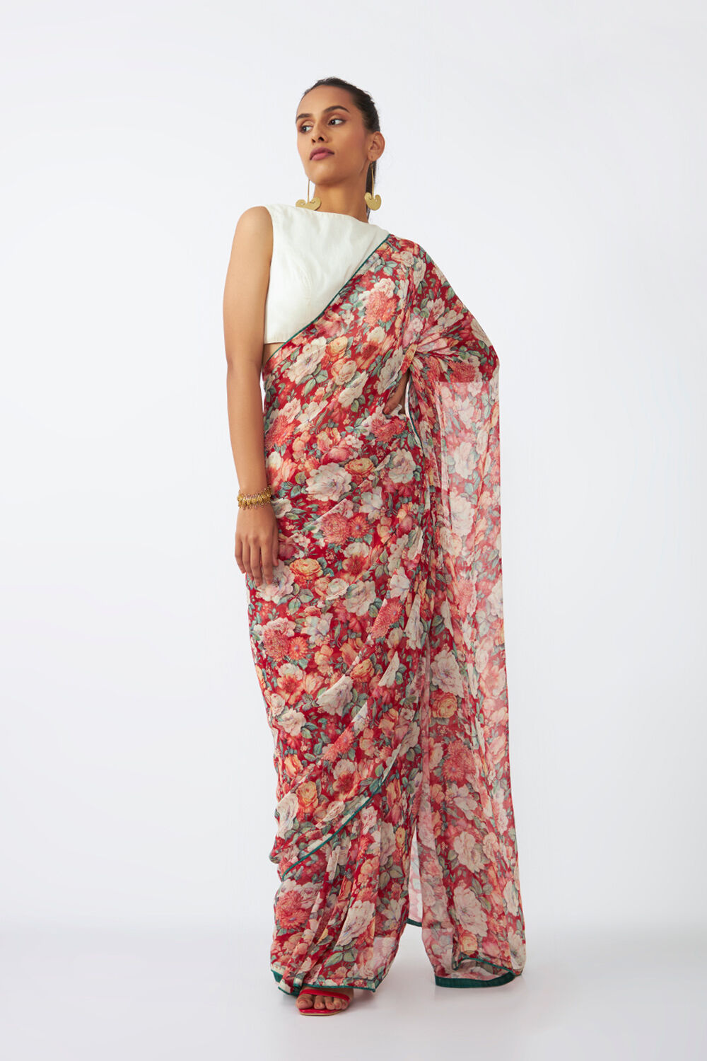 Red Viscose Chiffon Digital Printed Saree image number null