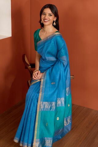 Dark Blue Pure Silk Cotton Chanderi Woven Saree image number
