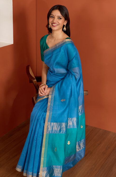 Dark Blue Pure Silk Cotton Chanderi Woven Saree