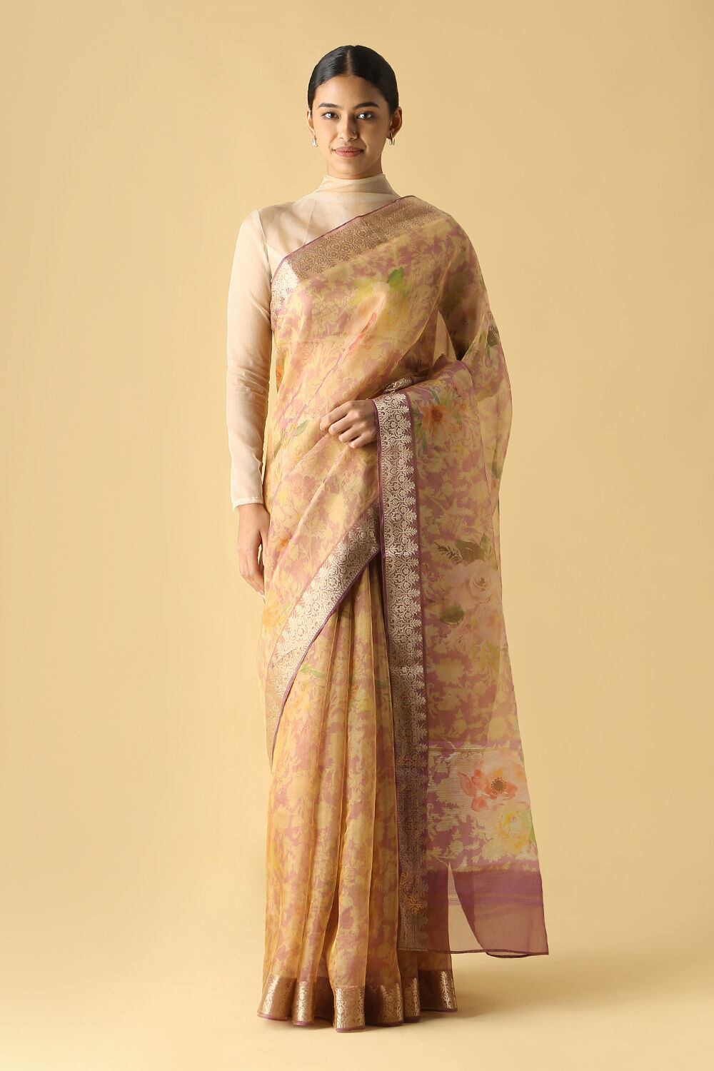 Light Violet Pure Tissue Silk Digital Printed Saree image number null