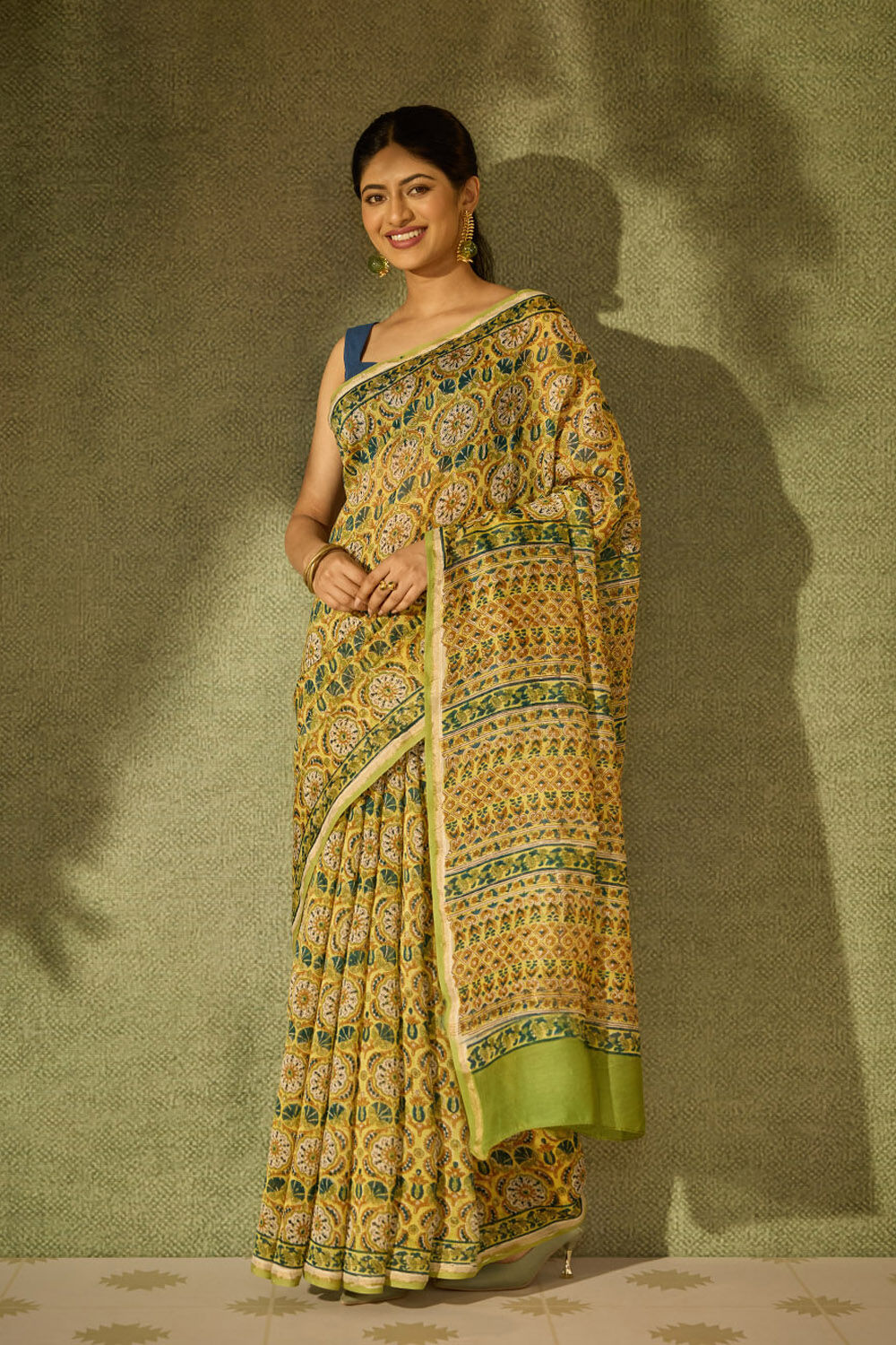 Yellow Rajasthan Pure Silk Cotton Printed Sanganeri Saree image number null