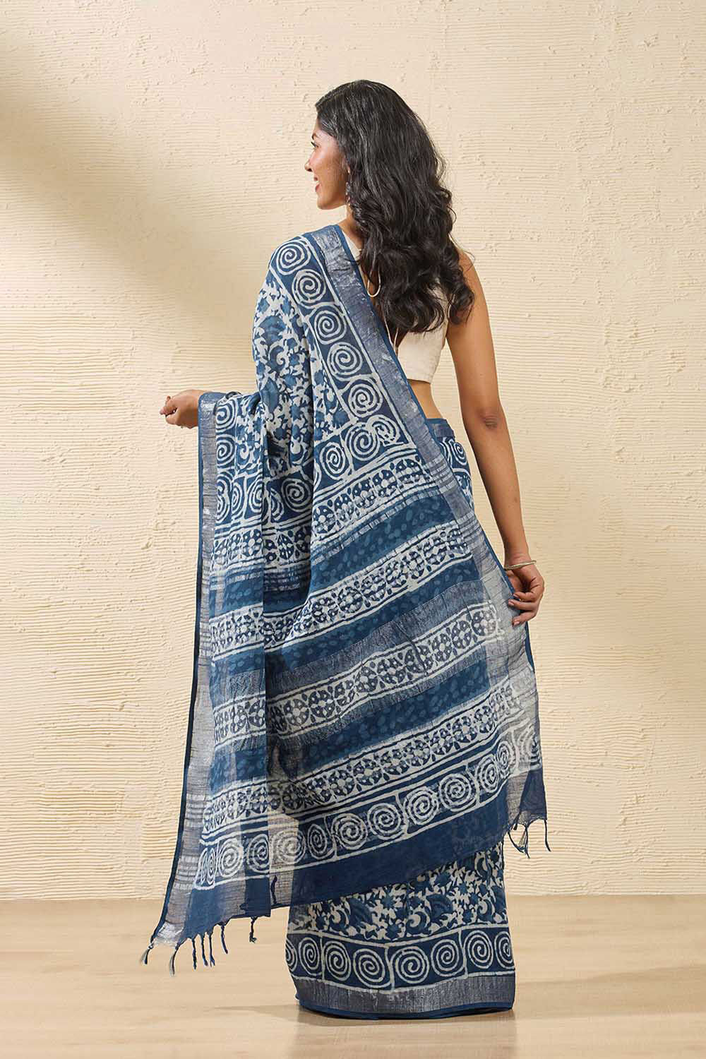 Blue Rajasthan Block Printed Cotton Viscose Saree image number null
