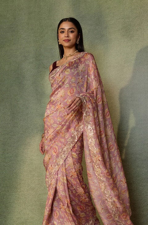 Light Violet Embroidered Pure Viscose Saree