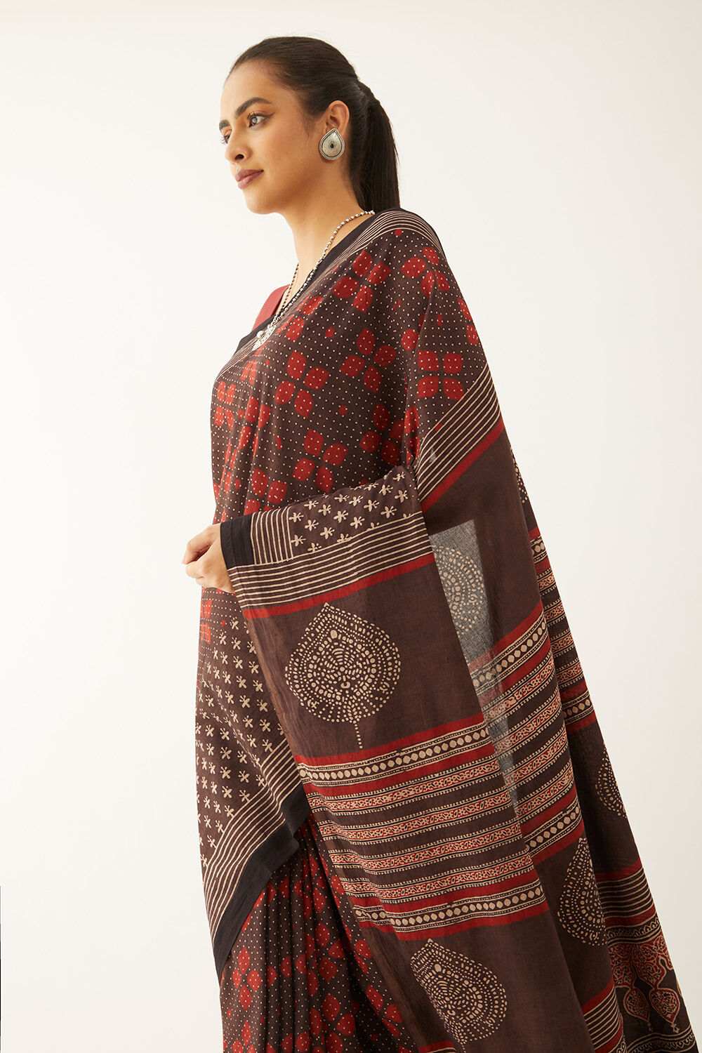 Maroon Pure Cotton Ajrakh Block Print Saree image number null