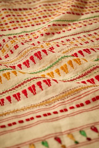 Off White Bengal Pure Cotton Kantha Embroidered Saree thumbnail image number null