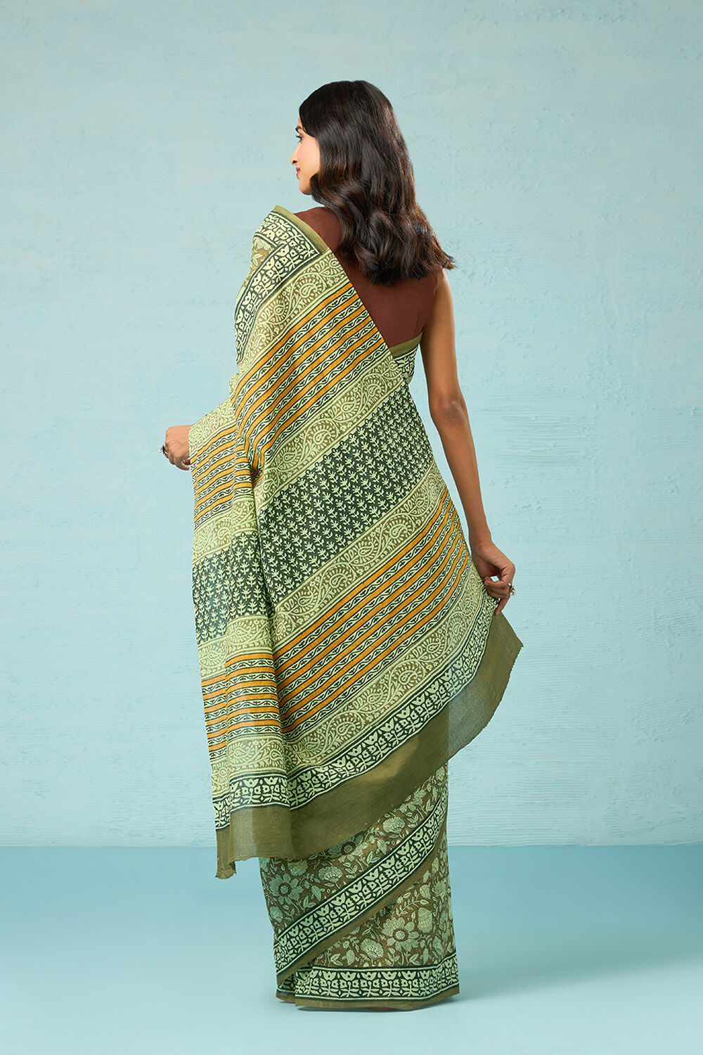 Light Green Pure Cotton Mulmul Block Printed Bengal Saree image number null