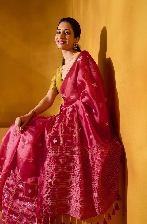 Red Embroidered Silk Tencel Saree