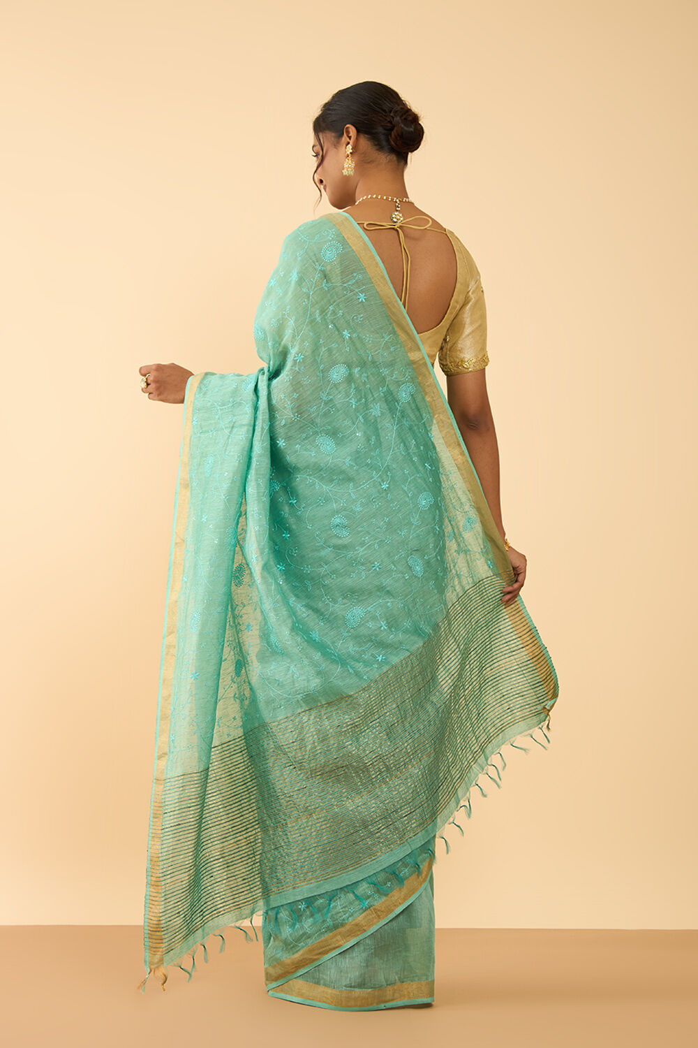 Light Green Bhagalpur Pure Silk Linen Embroidered Saree image number null