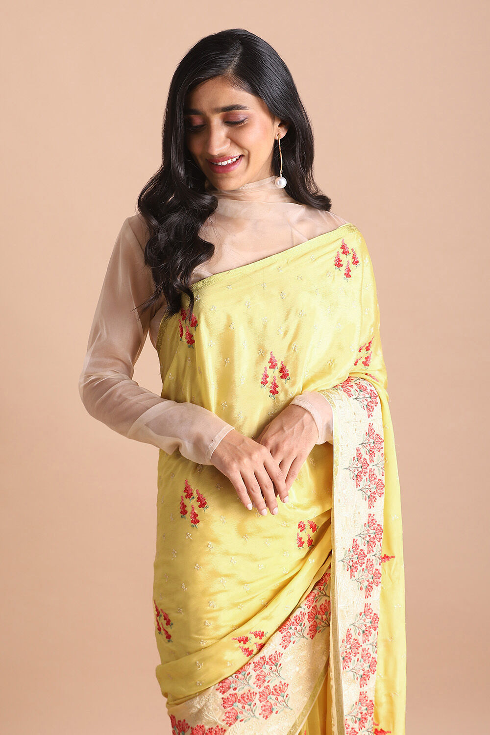 Yellow Pure Viscose Embroidered Saree image number null