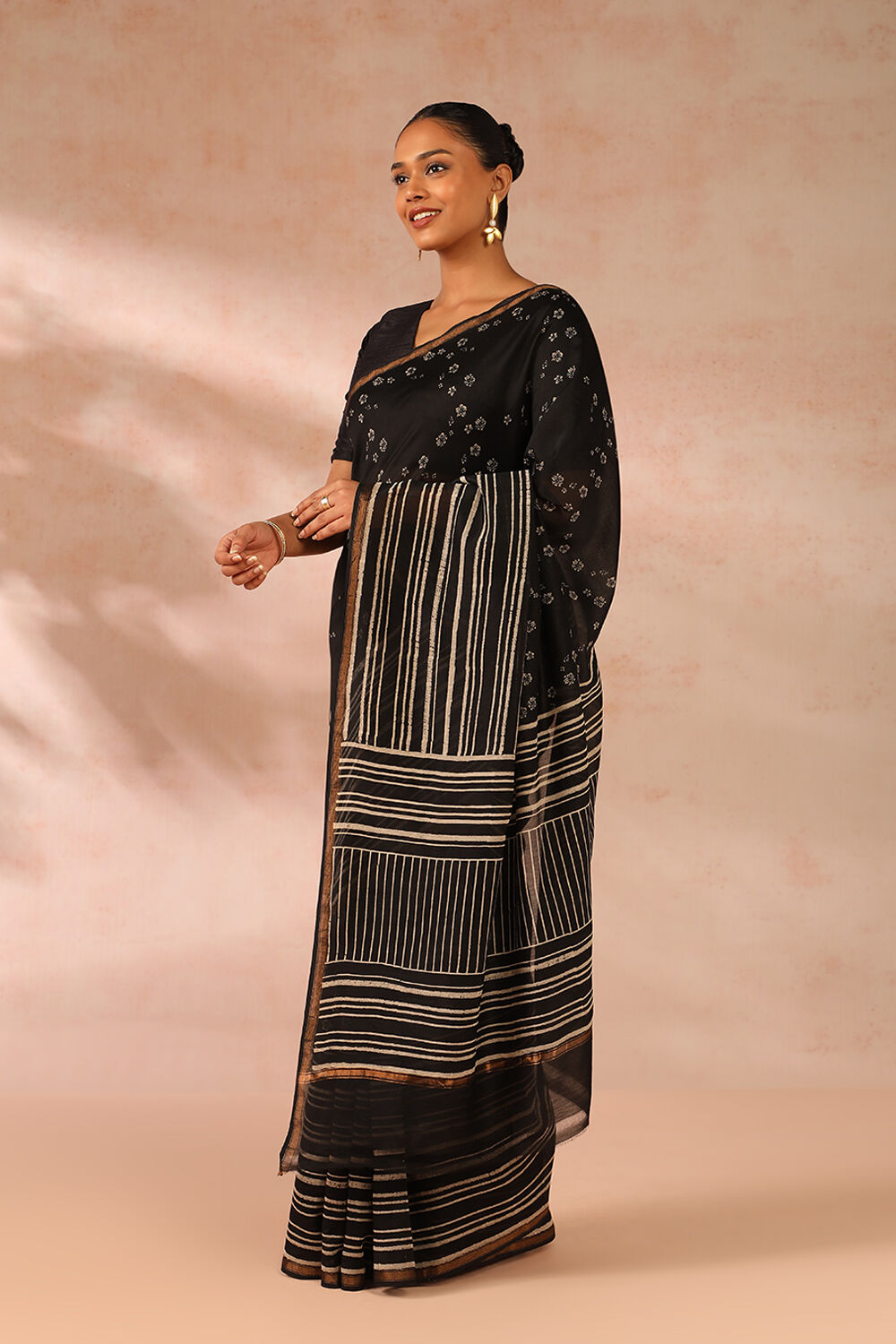 Black Block Printed Pure Silk Cotton Chanderi Saree image number null