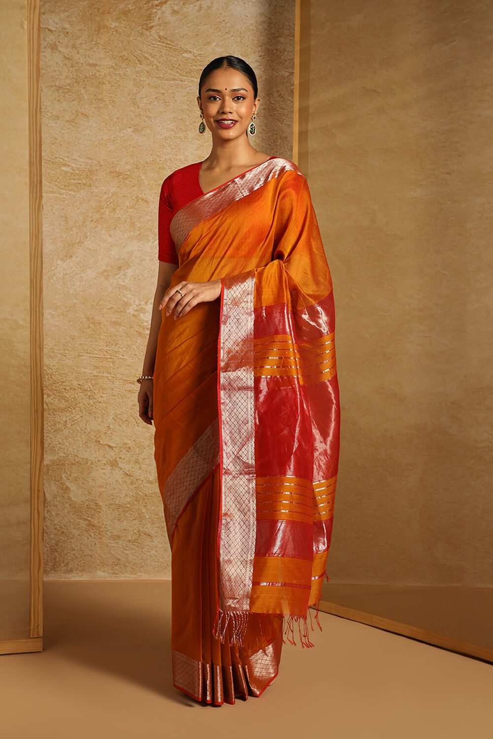 Orange Pure Silk Cotton Woven Maheshwari Saree image number null